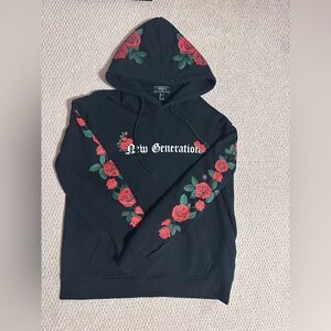 New Generation black and red roses hoodie. Size large 24 inches pit to pit